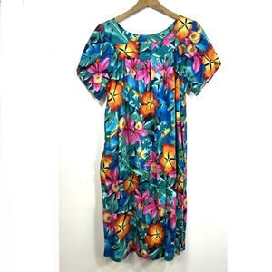 VTG Hilo Hattie Hawaiian Floral MIDI Muumuu Dress Women’s M Tropical Bright 🌺